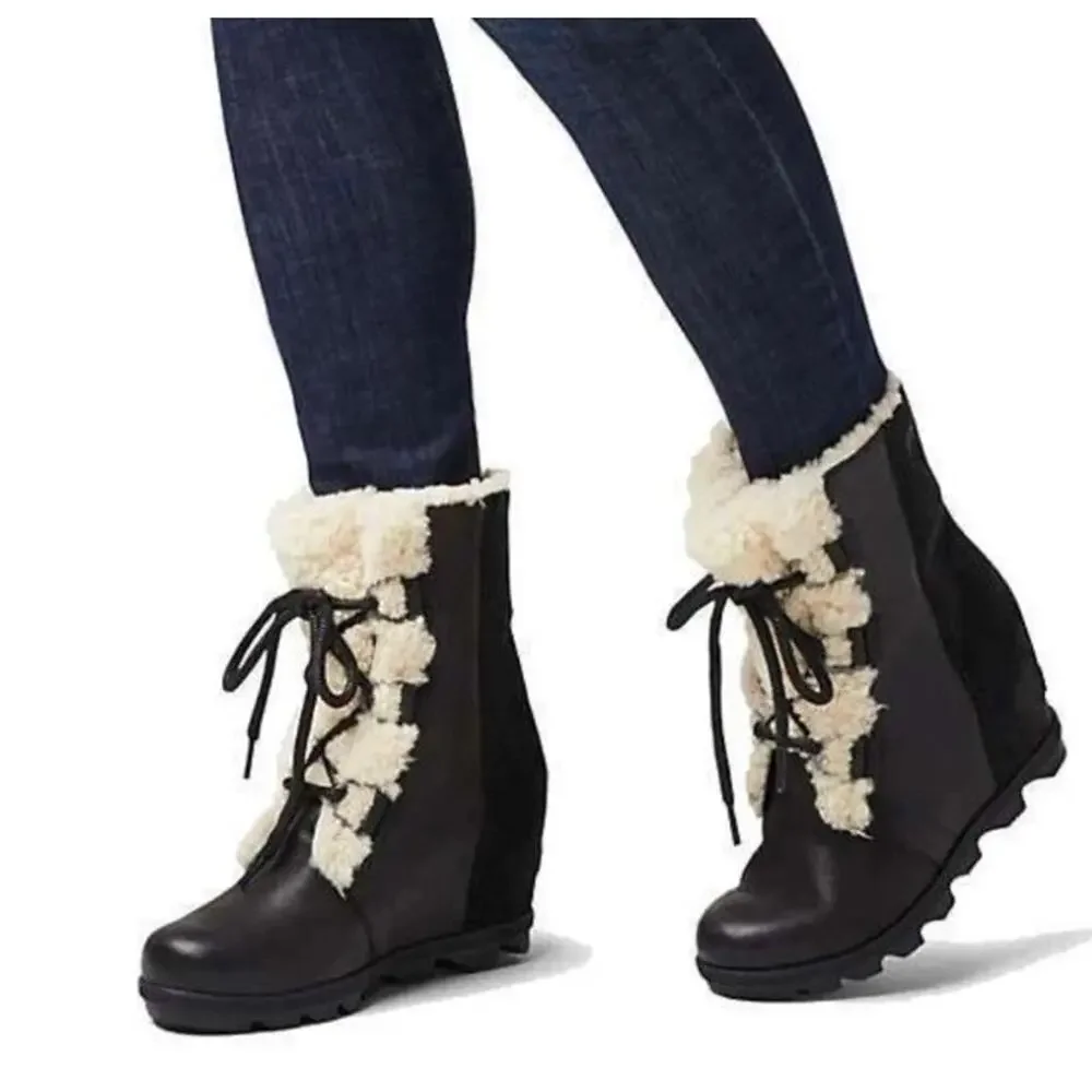 Sorel EUC Black Leather Joan of Arctic Wedge II Shearling Waterproof Boot Size 8